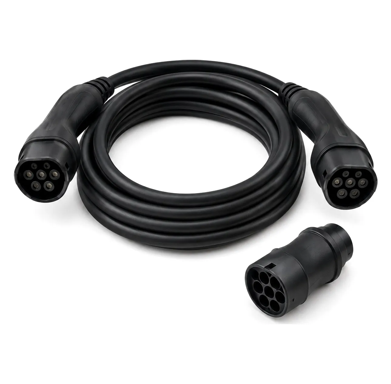 Coiled Type 2 to Type 2 EV charging cable with a charging adapter