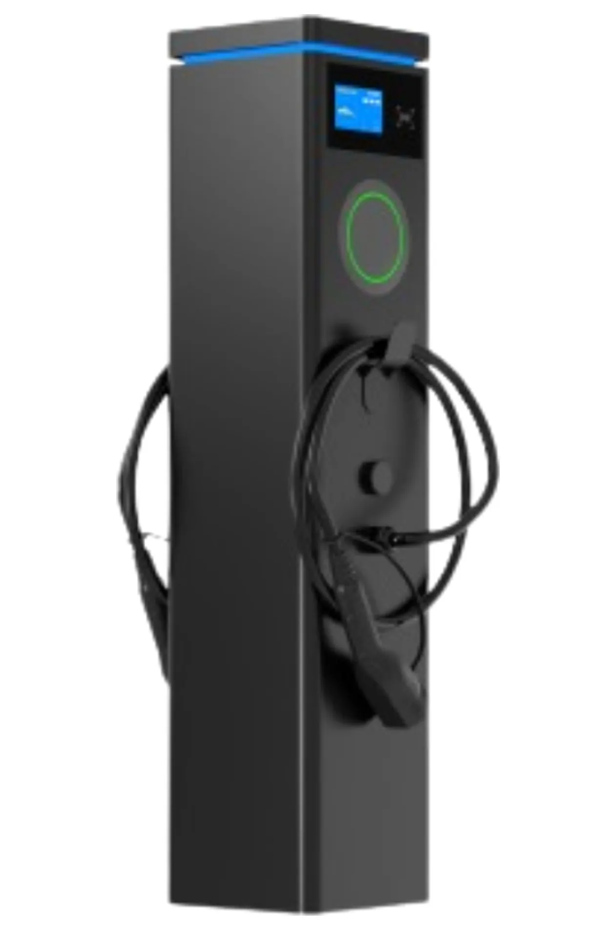 VT-CP dual-port AC charging pedestal with LCD screen and two Type 2 cables