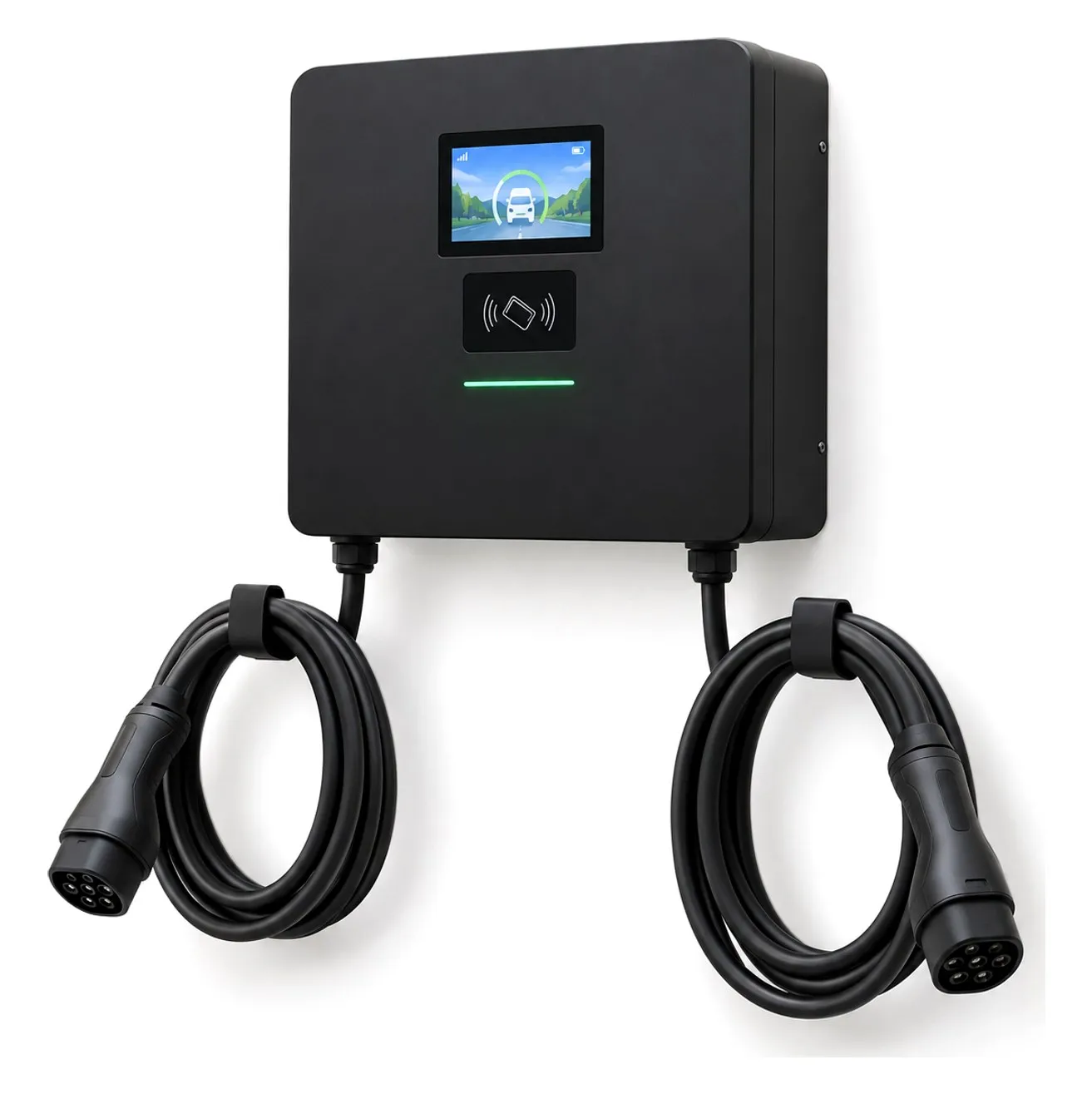 VT-CW dual-port wall-mounted AC charger with LCD screen and two Type 2 cables
