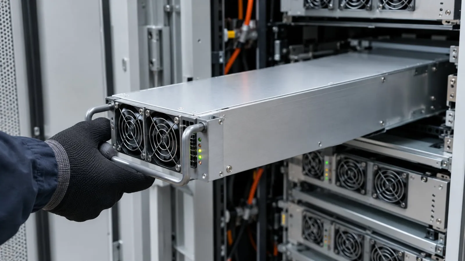 A gloved hand sliding a silver power conversion module with front cooling fans into a rack slot inside a DC charger cabinet