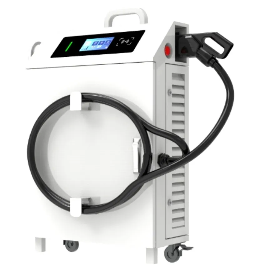 VT-DM mobile DC charger in white with handle, wheels and coiled charging cable