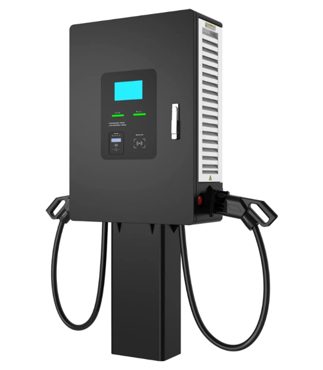 VT-DW DC wallbox charger on a pedestal with touchscreen and two charging cables