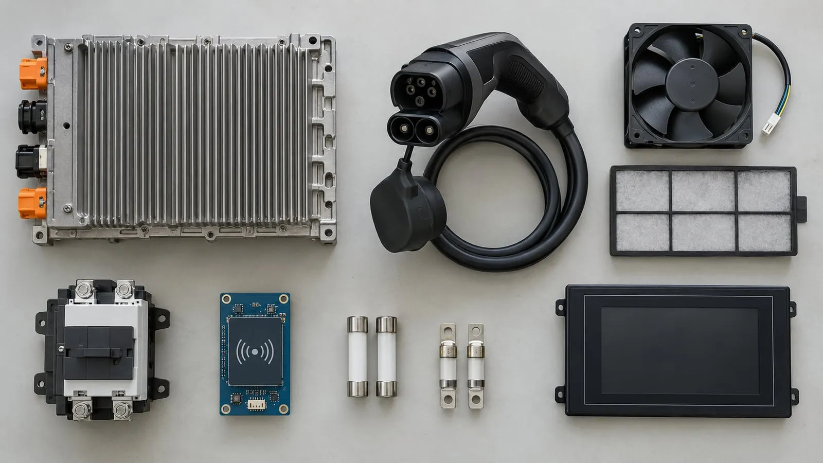 EV charger spare parts laid out on a workbench — a DC power module, a charging connector with cable, a fan, an air filter, a contactor, an RFID board, fuses and a touchscreen