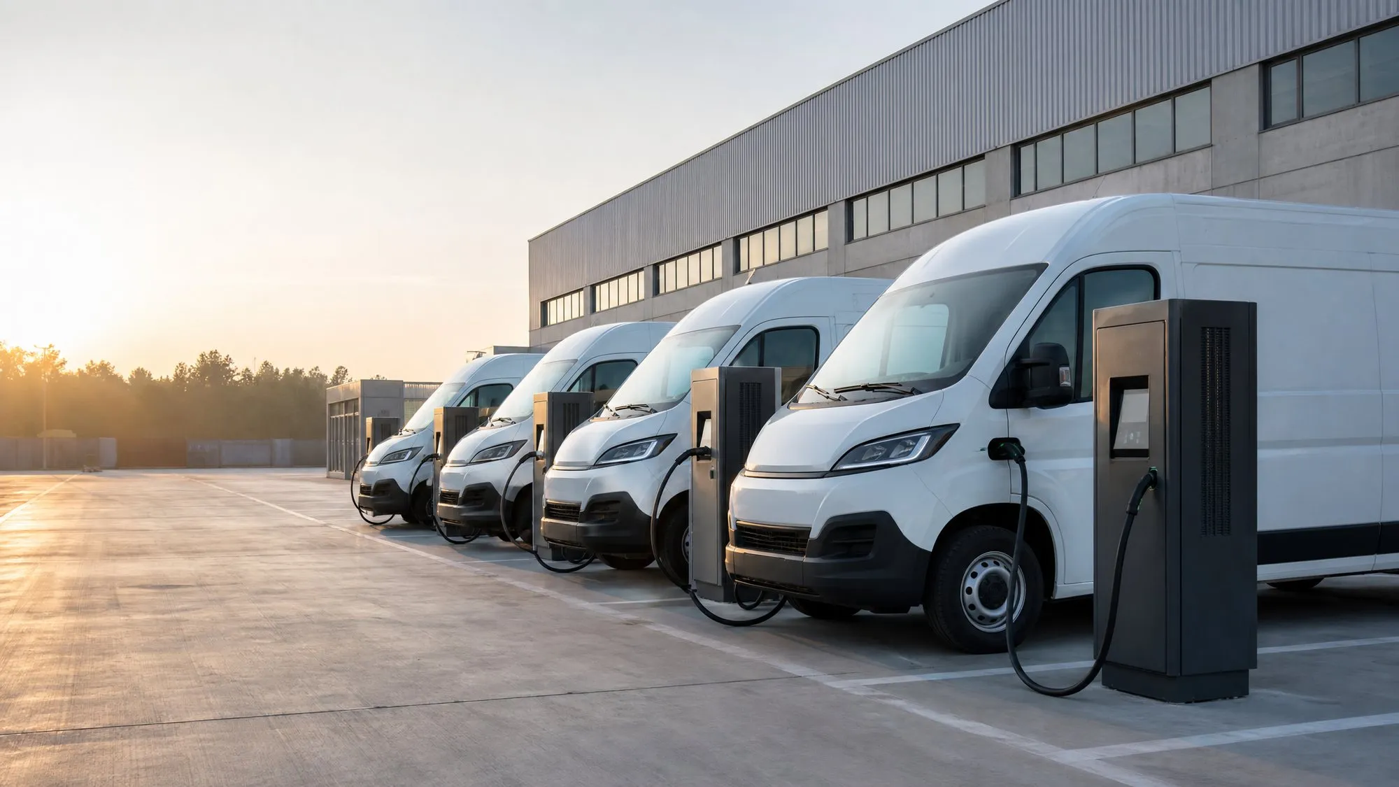 Electric delivery vans charging at a fleet depot in the morning
