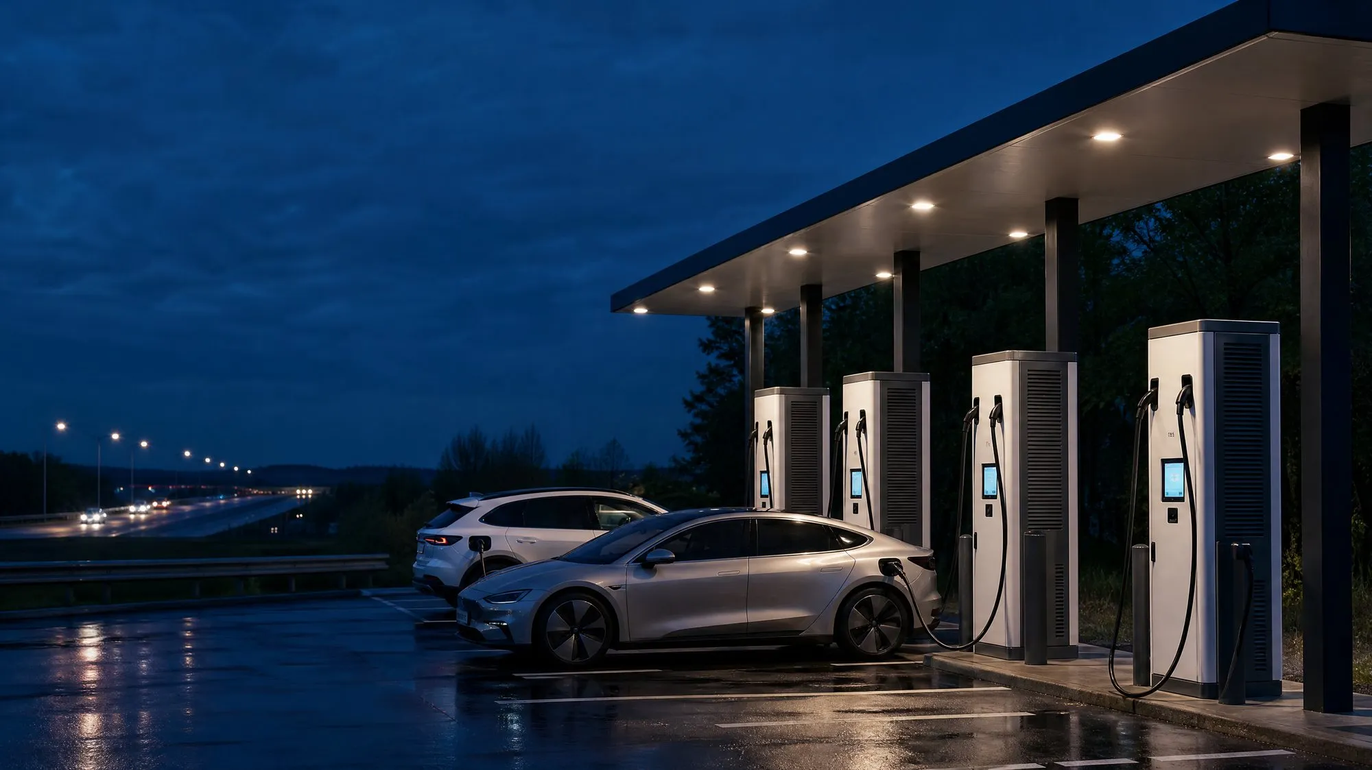 Dual-connector DC fast chargers at a public charging hub at dusk