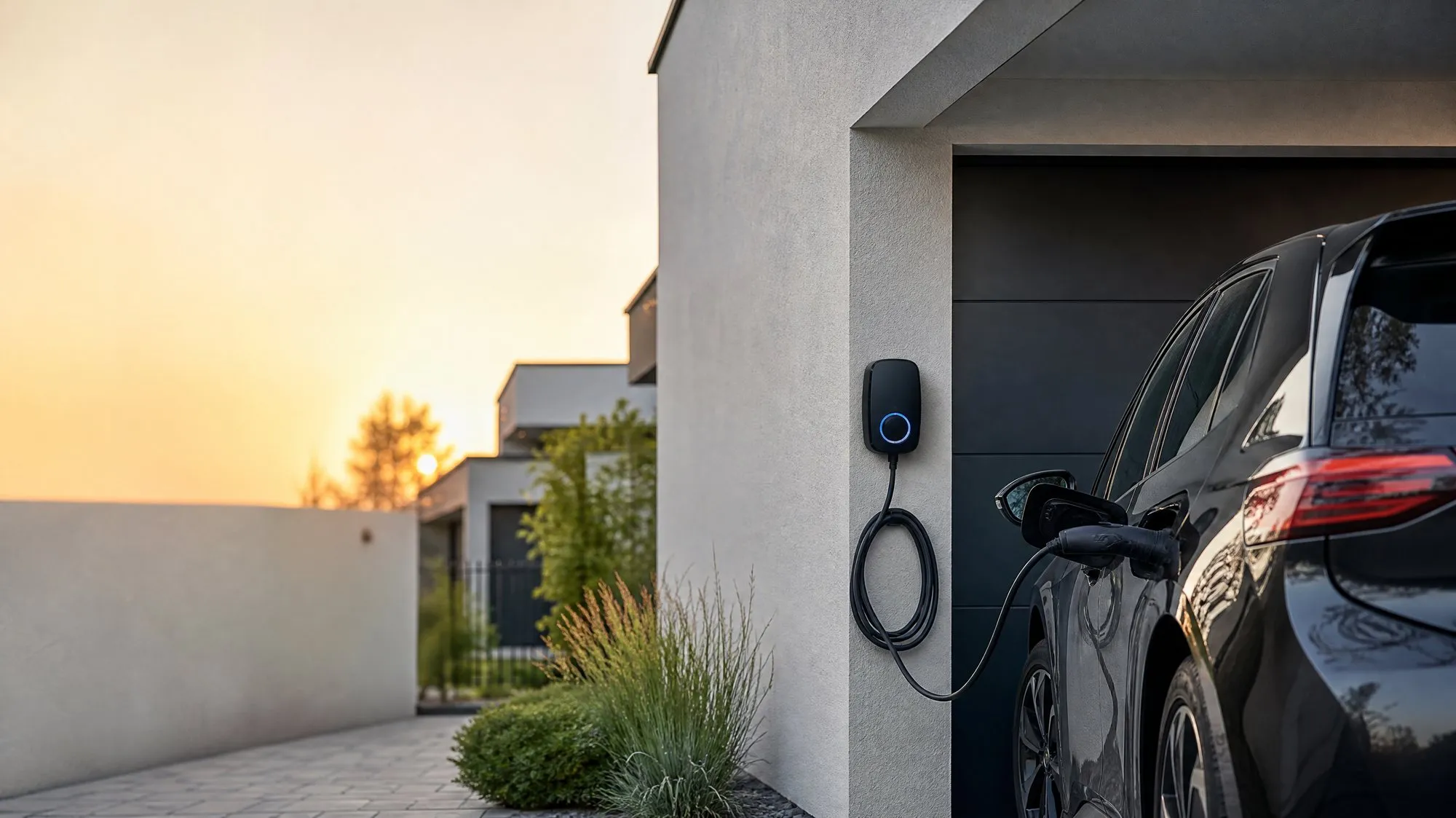 Wall-mounted smart wallbox charging a car on a home driveway