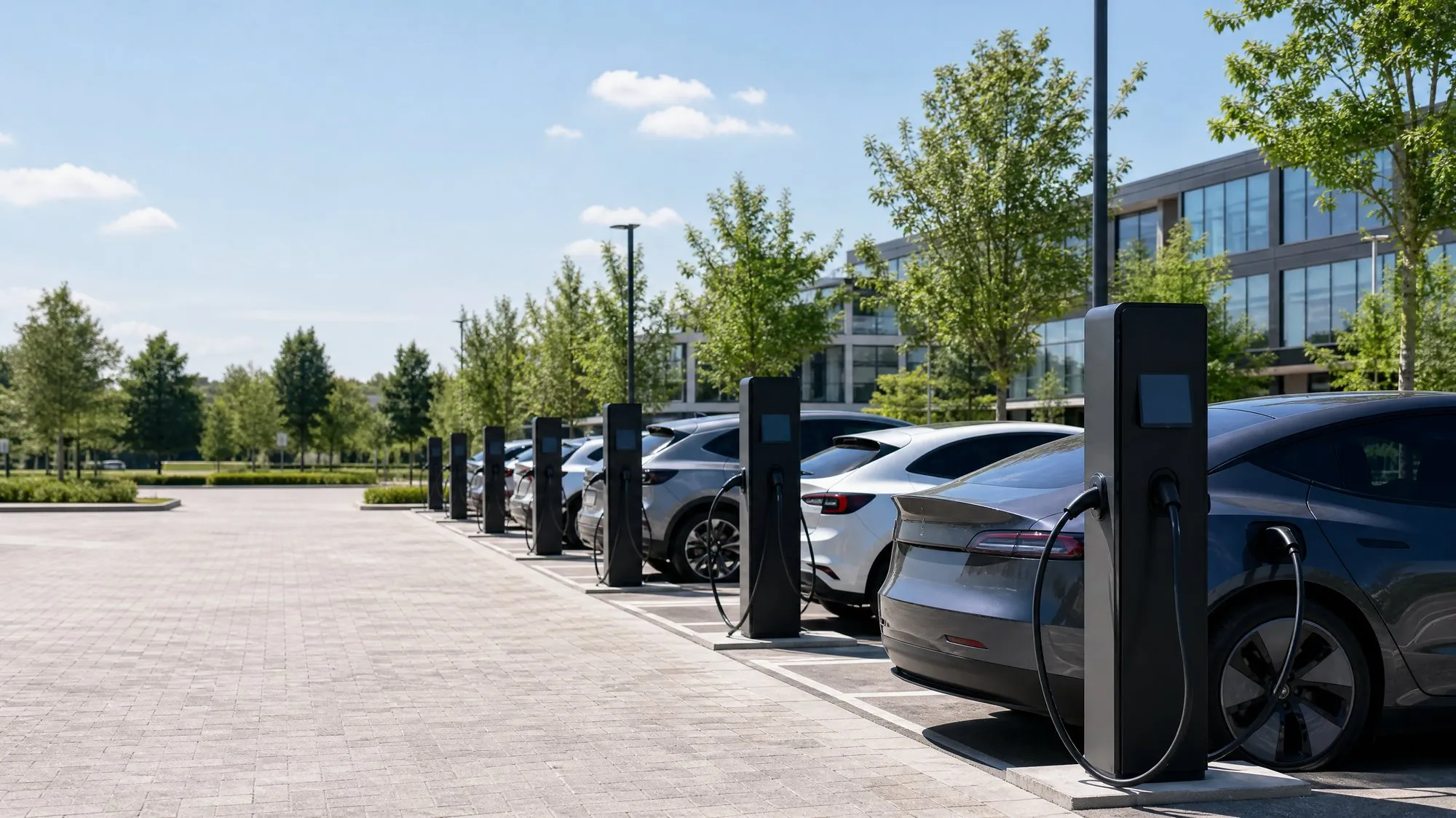 Dual-port AC charging posts with electric cars in a car park